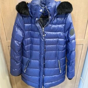 UGG Royal Blue womens Puffer Jacket with Black Faux Fur Hood